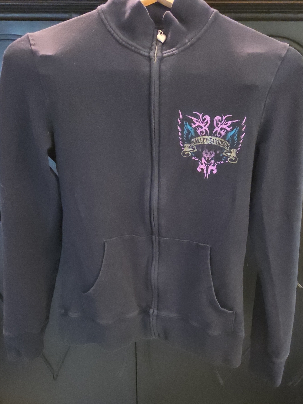 Harley-Davidson Black Zip Hoodie with Pink and Teal Chest Emblem